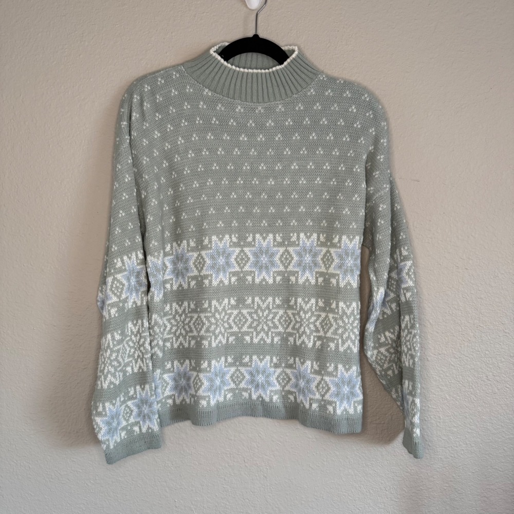Vintage Womens Large Green Fair Isle Snowflake Mock Neck Knit Sweater Cozy Lagom